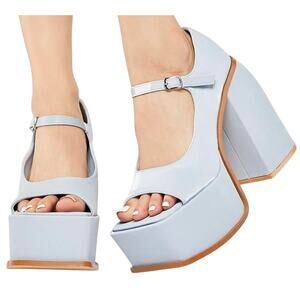 Ocho Toros Platform Heels Women 7.5 Tampico Baby Blue T-Strap Chunky Mary Jane